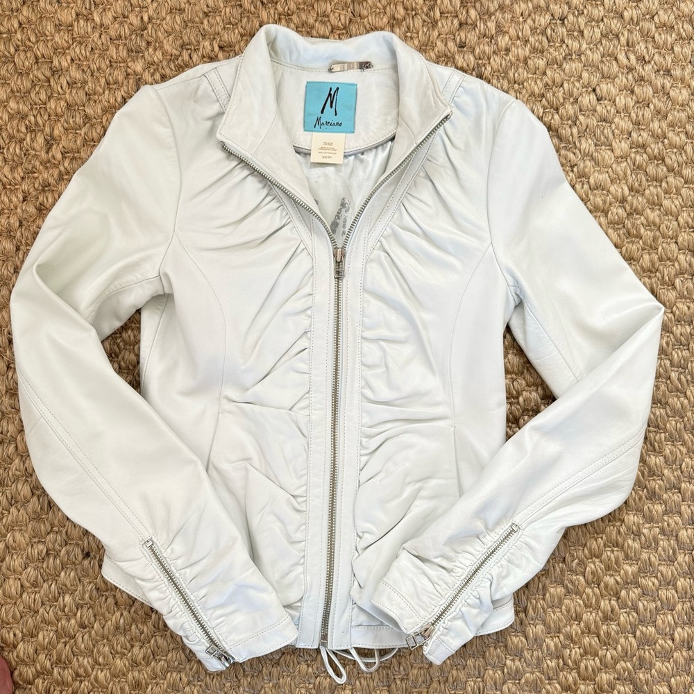 MARCIANO GUESS White Leather Ruched Jacket with lace tie accents buttery soft XS